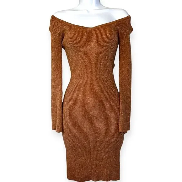 Miss Selfridge Copper Gold Metallic Sweater Dress Size 6